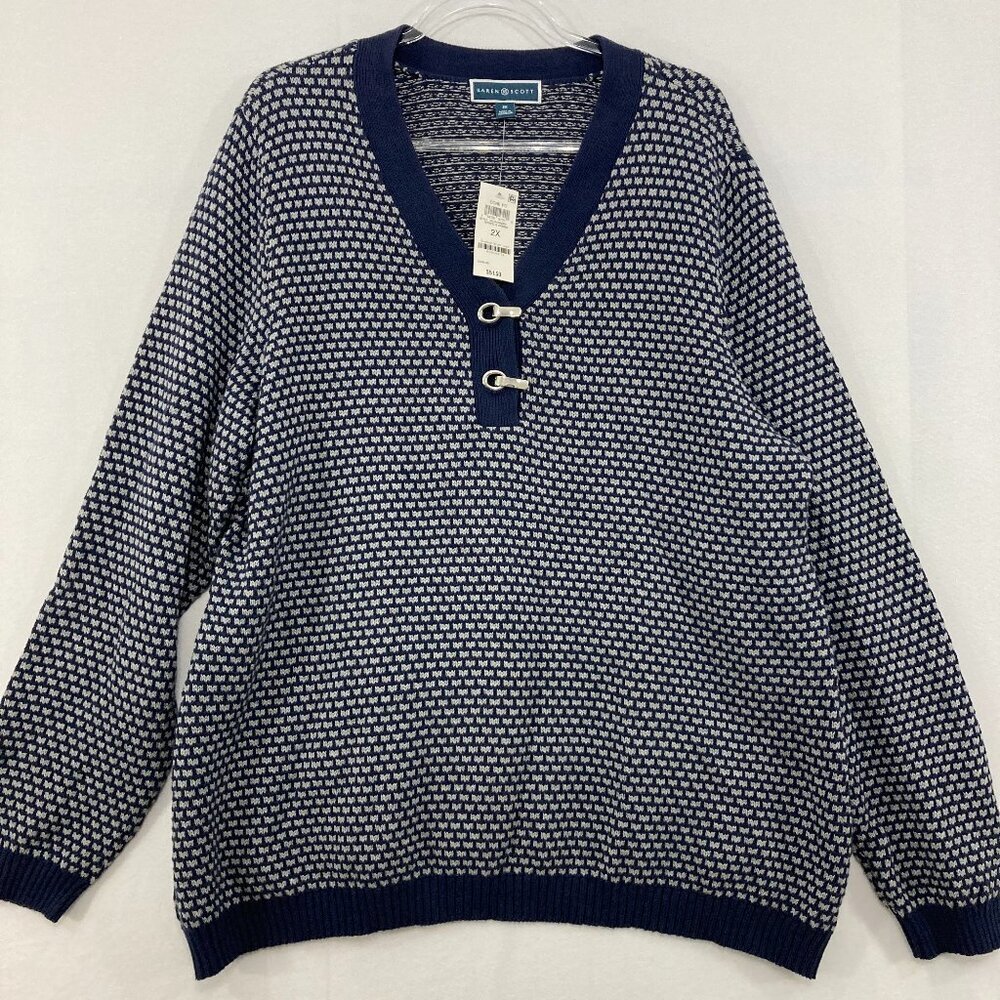 New Karen Scott size‎ 2X Navy White V Neck Thick Cozy Preppy Sweater